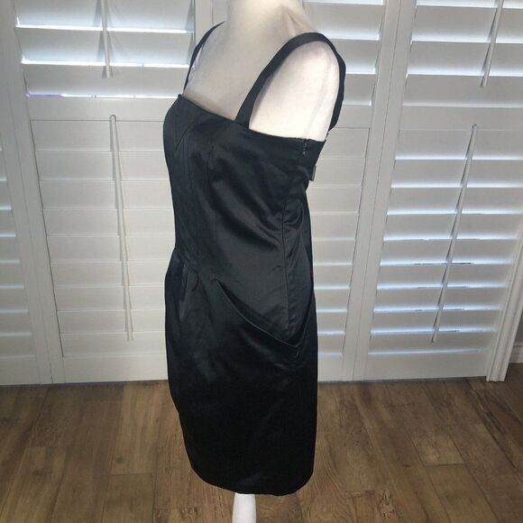 Margit Brandt Copenhagen Black Satin Cocktail Dress M Pencil Sheath Pockets Chic - Picture 9 of 12